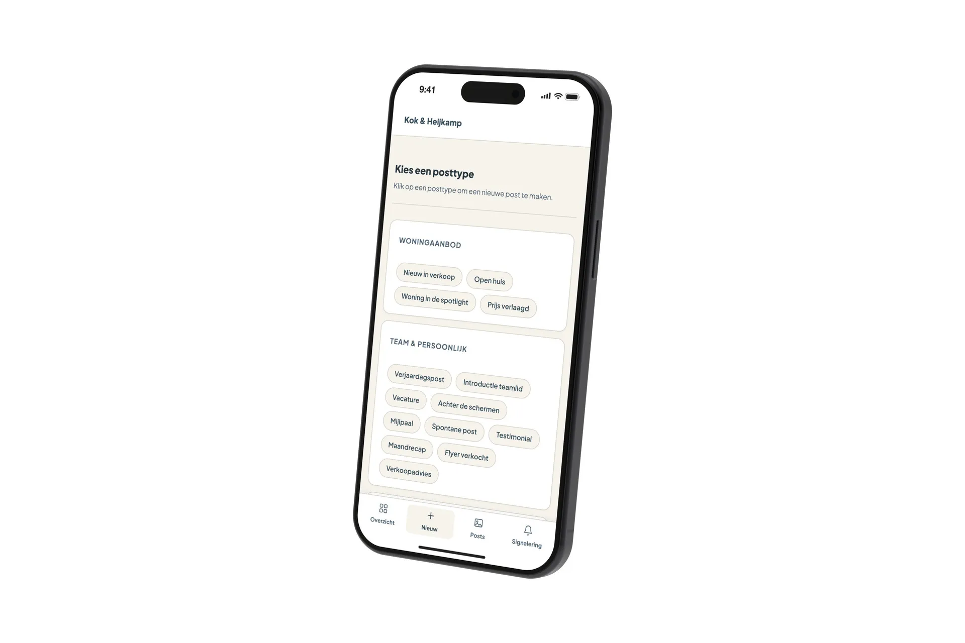 Het dashboard van Kok & Heijkamp op een telefoon, met de keuze uit posttypes (demo met fictieve woningen)