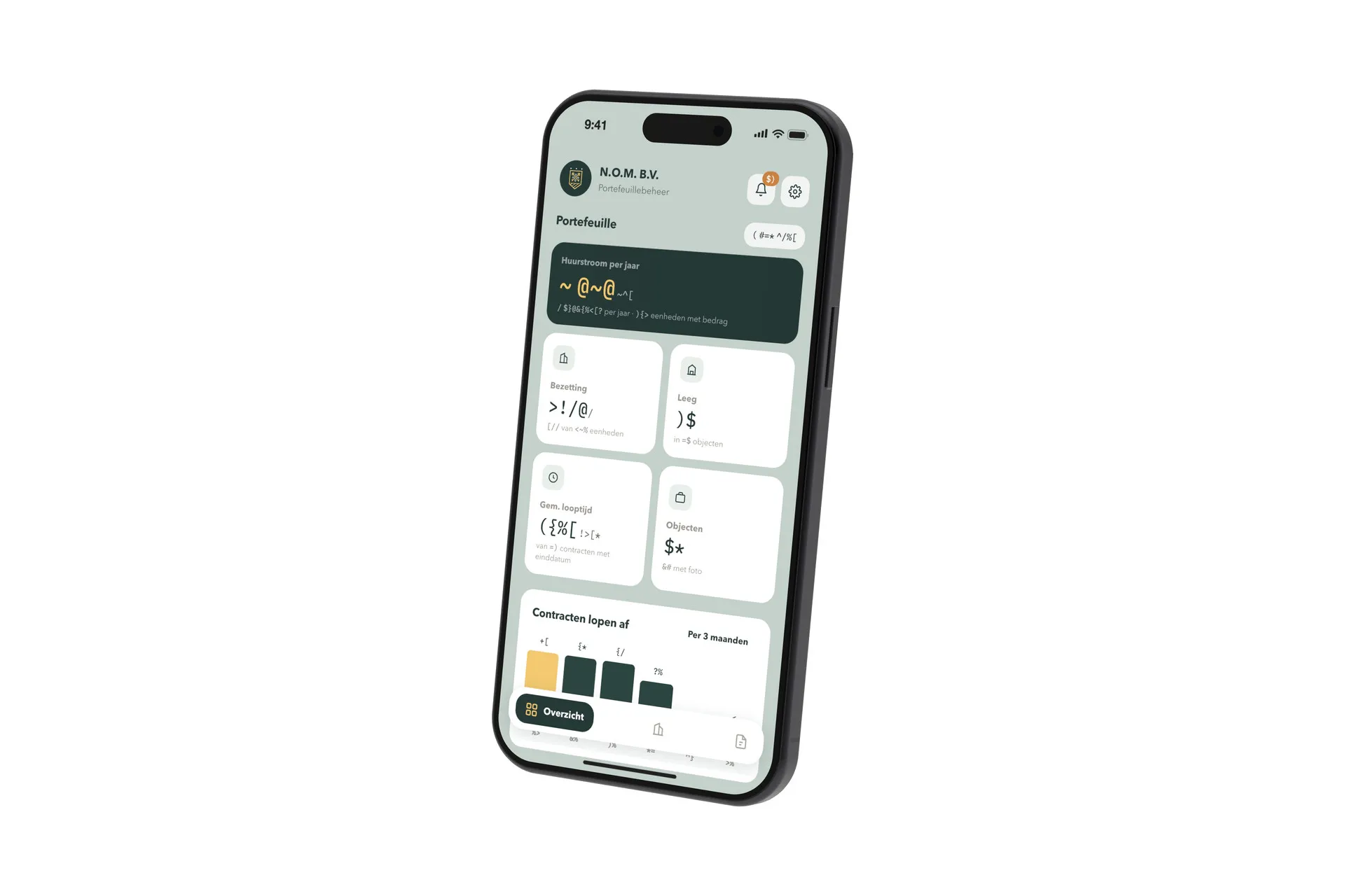 De pandenbeheer-app op een telefoon, met het overzicht (demo met verzonnen panden en bedragen)