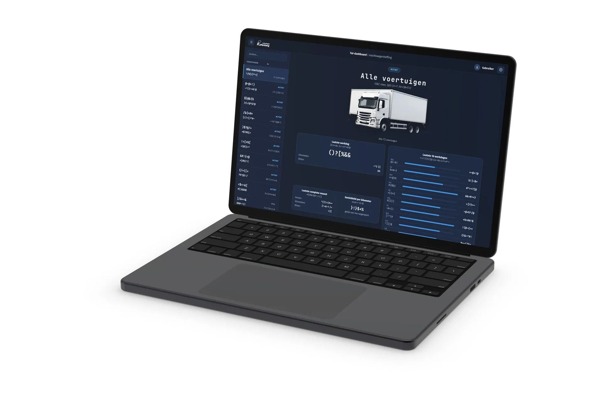 Het tol-dashboard op een laptop, met het overzicht van alle voertuigen (demo met verzonnen gegevens)